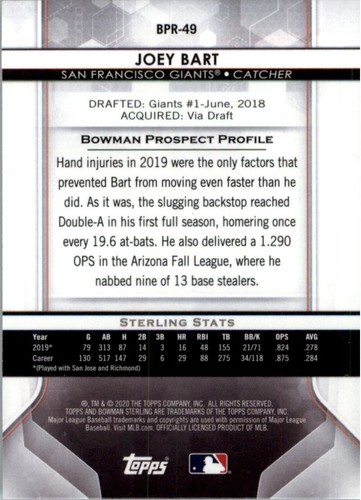 2020 Bowman Sterling Prospects #BPR49 Joey Bart - BB - Picture 2 of 2