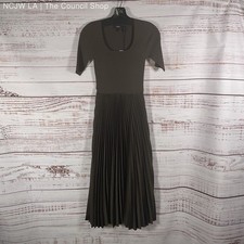 NWT Theory Teak Brown Pleated Poly Combo 1/2 Sleeve Midi Dress - Size P