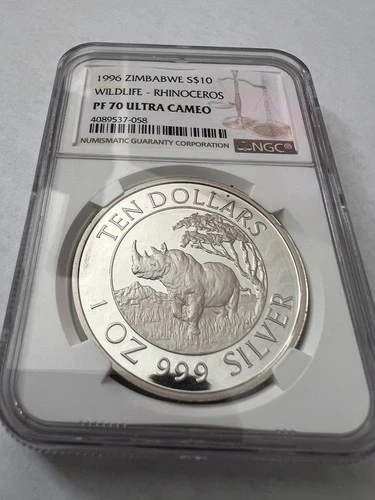 Zimbabwe 1996 Silver $10 Rhinoceros NGC PF70 Cameo