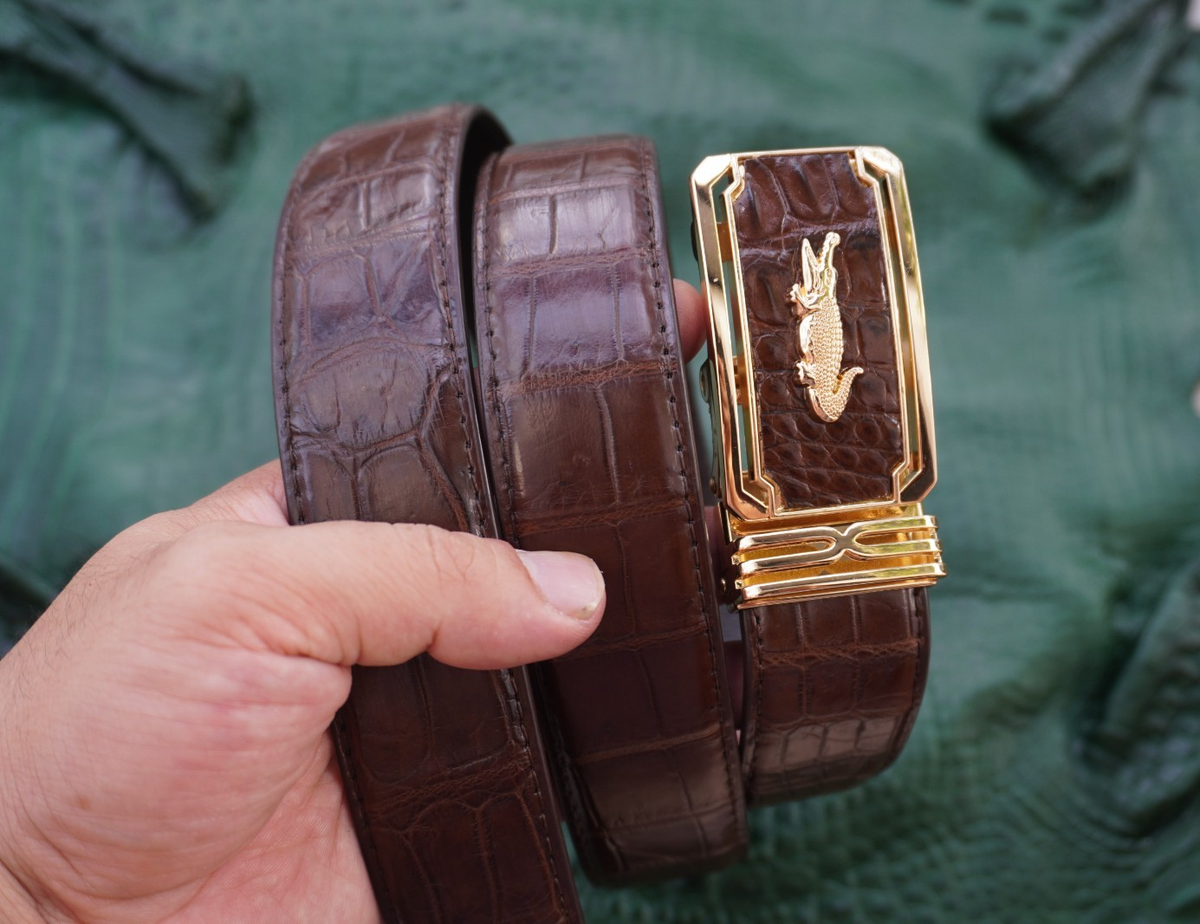Brown genuine leather Crocodile Pattern Belt with Gold Buckle Medium Croc Leather Belt with Gold Buckle | BRAHMIN main image 3