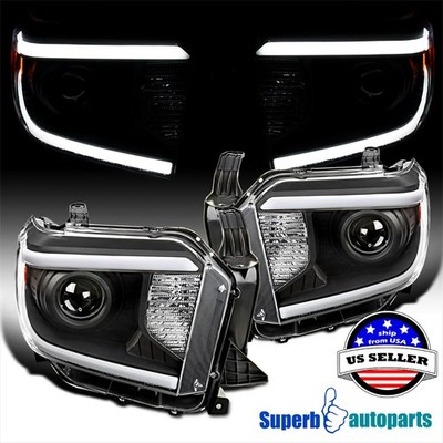 Fit 2014-2021 Toyota Tundra LED Tube Black Projector Headlights Clear Lamps