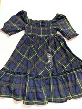 Polo Ralph Lauren Girls 2T Blue/Green Plaid Smocked Cotton Puff Dress Ruffle