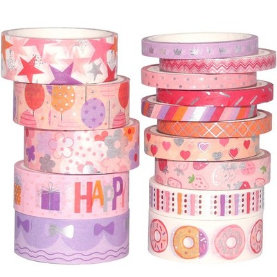 YUBX Birthday Washi Tape Set 15 Rolls Silver Foil 5/7.5/10/15mm x 4m, Pink 