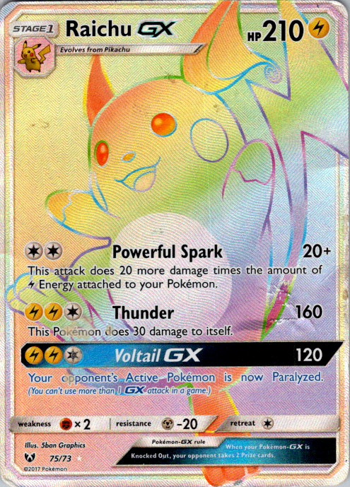 Raichu GX SECRET HYPER FULL ART RARE 75/73 Pokemon SM Shining Legends 2017