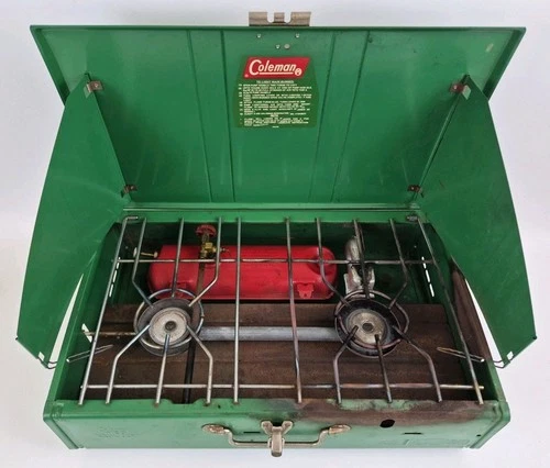 Vintage Coleman 413G 2-Burner Liquid Fuel Camp Stove Green Red Tank USA Made