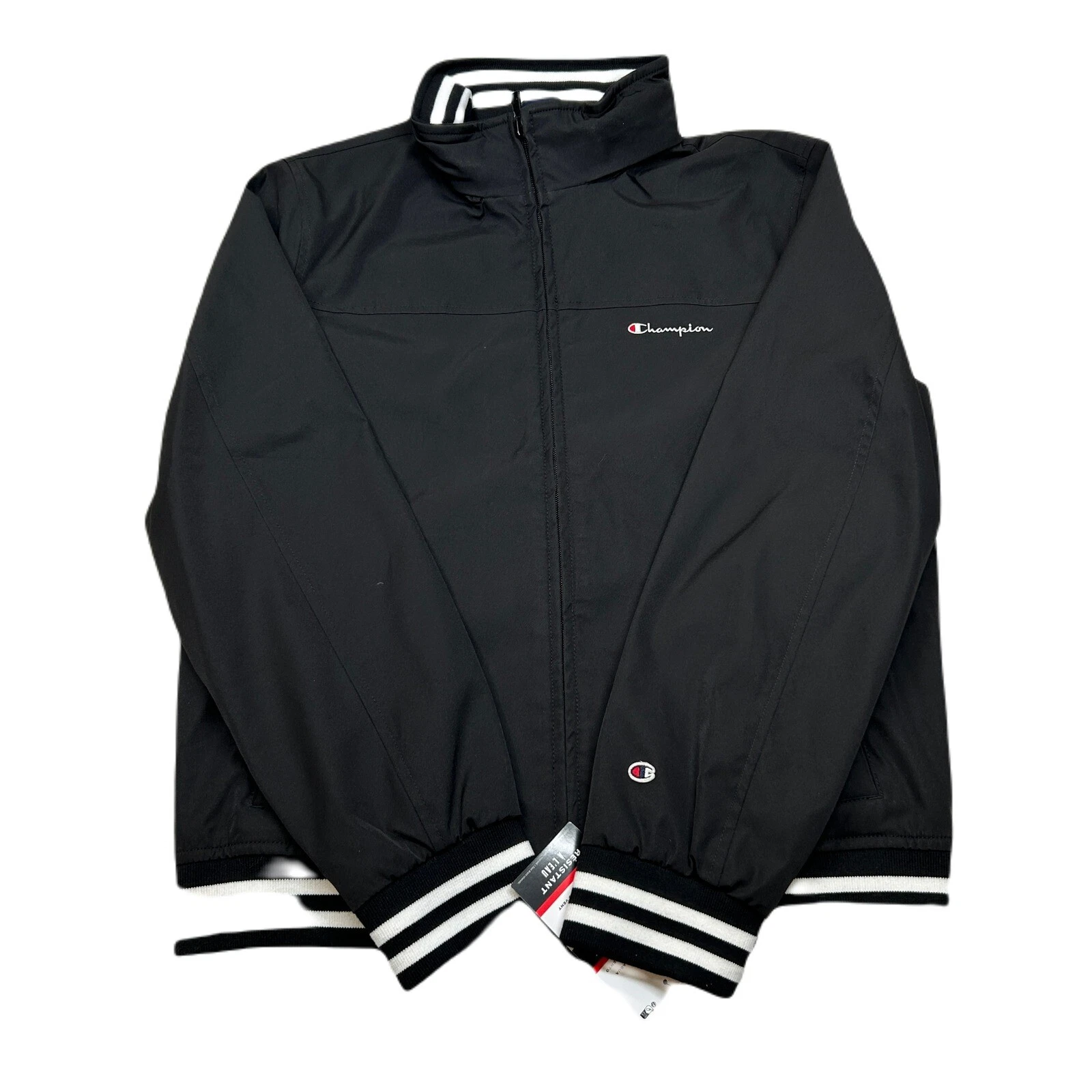 Champion Bomber Jacket Mens Medium Black Full Zip Windbreaker Striped Cuffs NEW