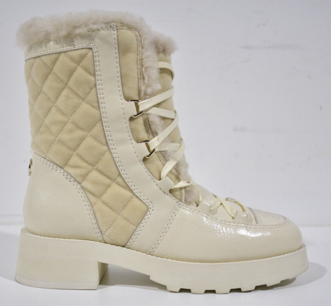 Chanel 21K Ivory Velvet Shearling Fur Brave CC Lace Up Tie Ankle 