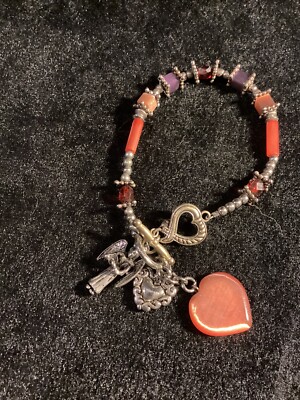 Angel Heart Charms Jeweled Red Beaded Silver Tone Bracelet