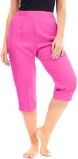 Ladies Womens Half Elasticated Waist 3/4 Three Quarter Cropped Trousers UK 8-24