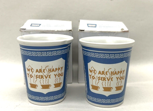 Set of 2 Ceramic "We Are Happy to Serve You" Espresso Mini Cups Open Box