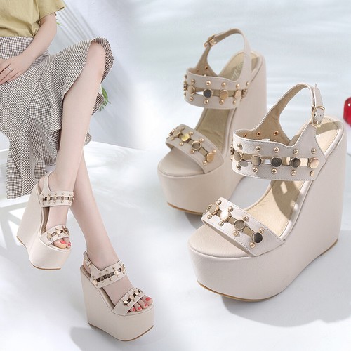 Zapatos De Tacón Alto Mujer Plataforma Cuña Zapatos Sandalias Zapatos Tachas  Hebilla Correa | eBay