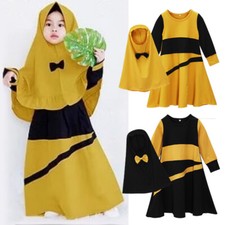 2pcs Kids Girls Muslim Hijab Arab Prayer Dress Set Abaya Long Maxi Robe Kaftan