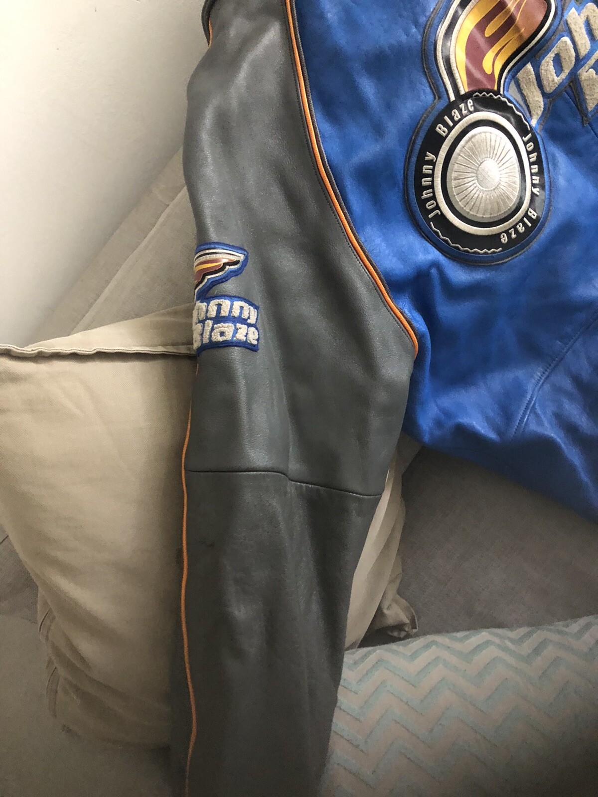 Vintage 90s Johnny Blaze Performance Leather Bomber Blue Gray Hip Hop Rare. XL image 6