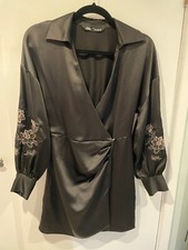 ZARA Black Satin Embroidered Wrap Dress Size XS, Long Balloon Sleeve