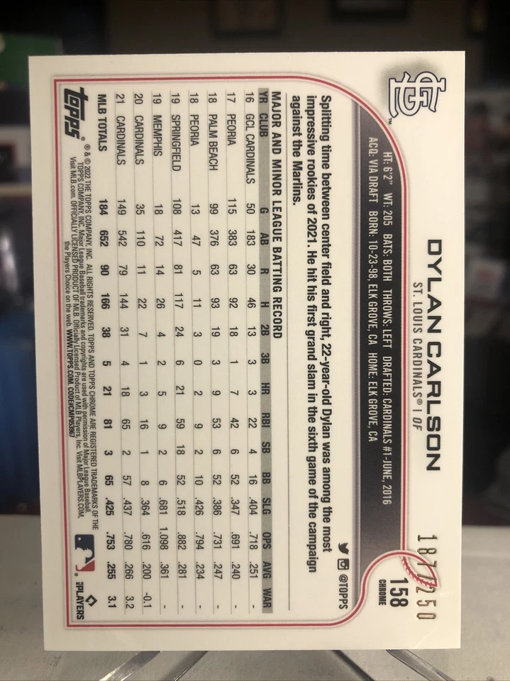 2022 Topps Chrome Dylan Carlson RARE Purple Refractor Gold Cup Rookie SSP /250 - Image 3 of 3