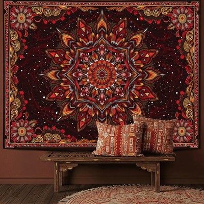 Mandala Floral Tapestry Wall Hanging Boho Red Orange Hippie Vintage Flower 48