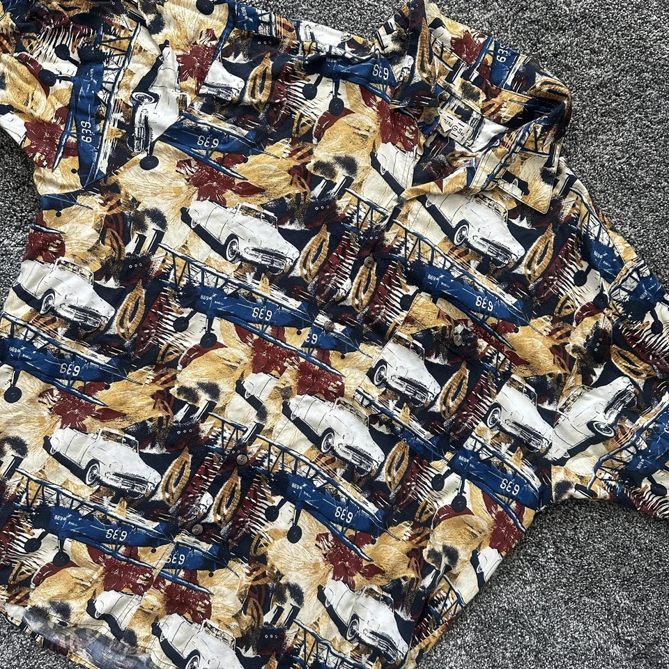Camisa masculina vintage Crossings 1X estampa de avião de carro rayon botão para cima casual anos 90 Coreia - Imagem 2 de 4
