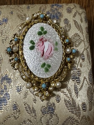 Vintage Marked ART Guilloche Enamel Hand Painted Victorian Style Brooch ...