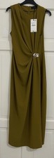 ZARA OLIVE GREEN SLEEVELESS DRAPED MIDI DRESS WITH GOLD APPLIQUÉ SIZE S BNWT