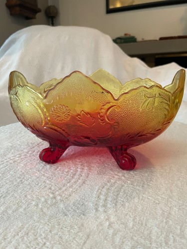 Vintage Jeannette Glass Lombardi Amberina Oval Footed Fruit Bowl - 10" cc1950s