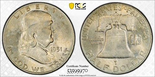 1951 D Franklin Half Dollar ~ *Toned* ~ Graded PCGS MS 65 FBL