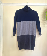 Jigsaw Navy Grey Colourblock Wool Knit Turtleneck Jumper Dress 3/4 Sleeve S