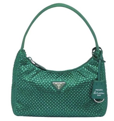 Prada Re-edition 2000 style, mini handbag in a green satin studded with crystals