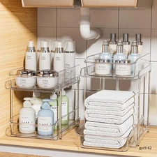 Clear 2-Tier Under-Sink Pull-Out Organizer 2 Sets Stackable Bathroom Kitchen