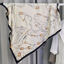 14 Momme Twill Silk Scarf 2 face Square Horsebit Print Bandanna Shawl 35'' Wrap