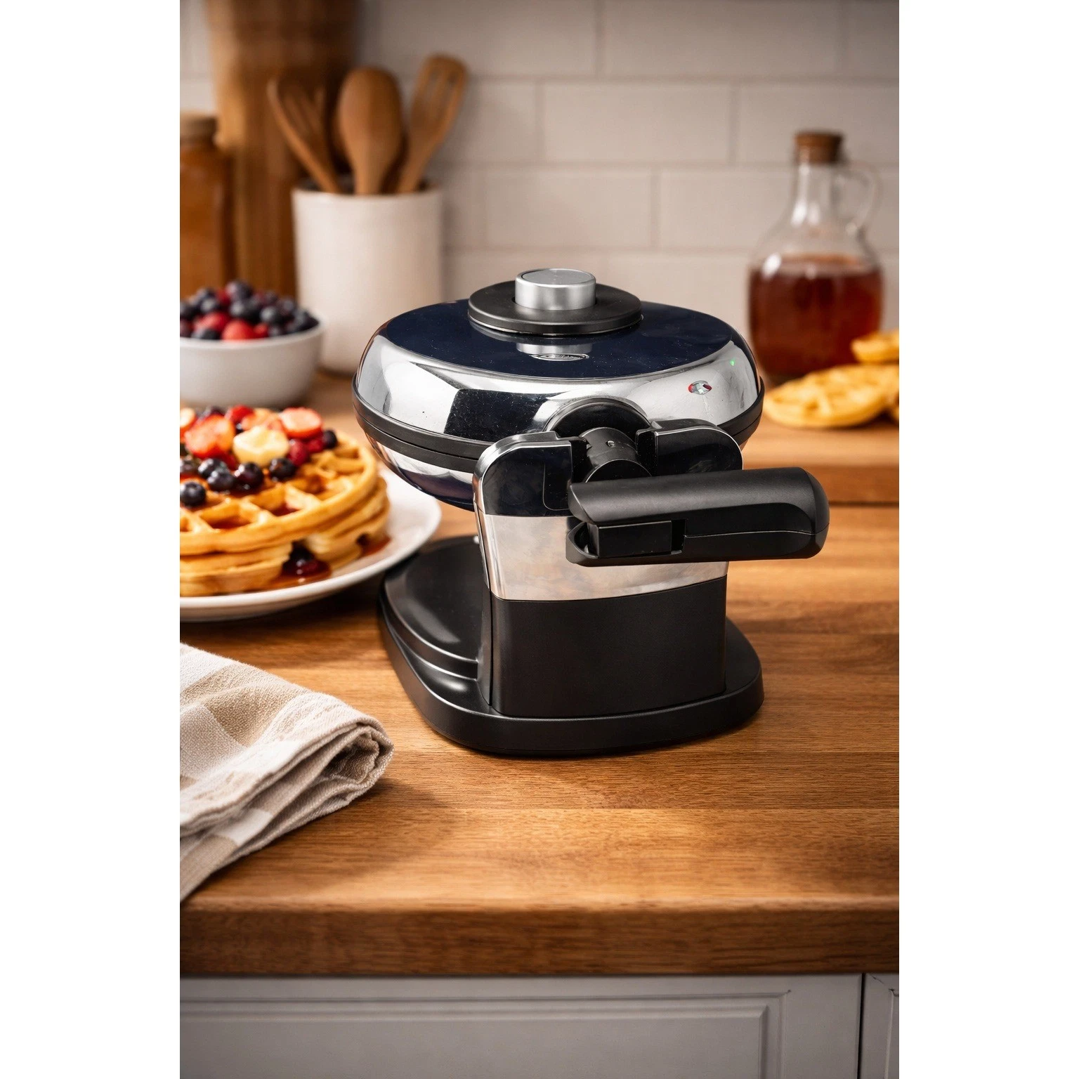 Oster Flip Belgian Waffle Maker Chrome Rotating Non-Stick 3874