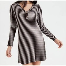 American Eagle Brown Striped Ribbed Henley Retro Mini Dress Womens XS Boho Indie