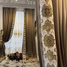 luxury European velvet valance lace yellow window embroidery curtain tulle M1794
