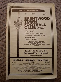 Brentwood Town v Arsenal programme. 18/2/1967 Metropolitan League