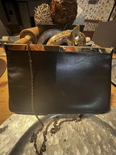 Etra 1960's Black Vintage Envelope Clutch Metal Chain Genuine Leather Pre-owned