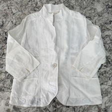 Chico's White Linen Lightweight Jacket Blazer 3/4 SLV Ruffle Crisp Size 1 Medium