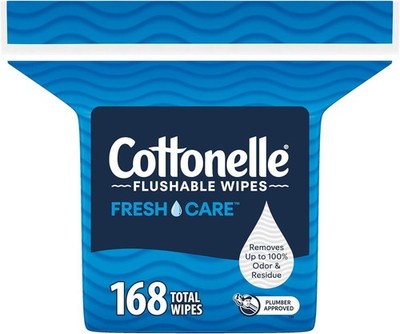 Biodegradable Fresh Care Flushable Wipes - 168 Gentle, Odor-Removing Wipes