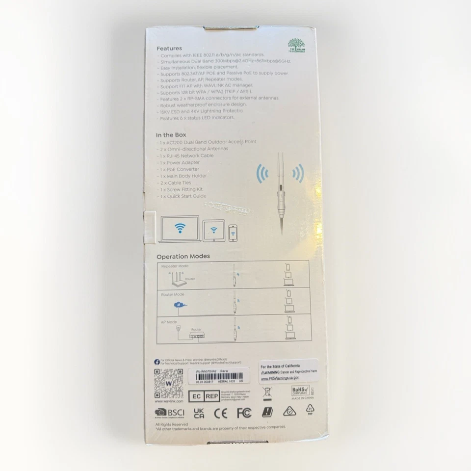 Wavlink WL-WN570HA2 Dual-Band AC1200 Outdoor Wireless Wi-Fi Extender SEALED NEW - Image 2 of 2