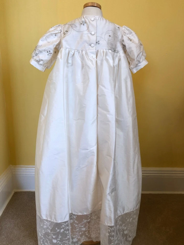 ivory/silver silk dupion Christening Gown . Hand made original one off - Image 3 of 4