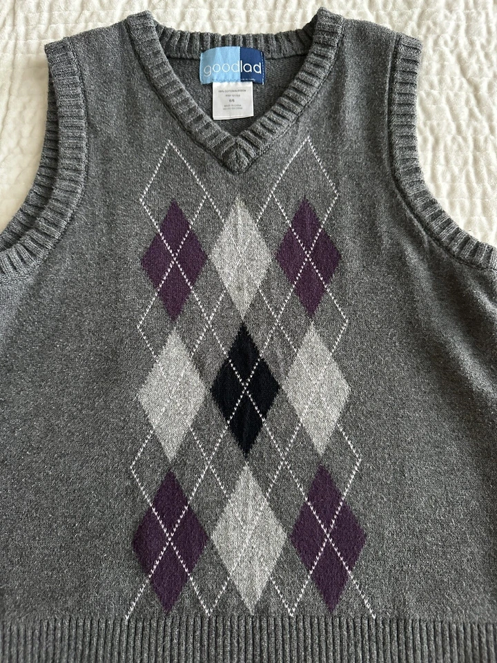 Chaleco Suéter Tejido Niños Niños Cuello en V Argyle Talla 6 Gris Foto 4 de 4