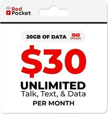 Redpocket Mobile Plan with Unlimited Talk, Text & Data - Expanded 20GB High-Spee