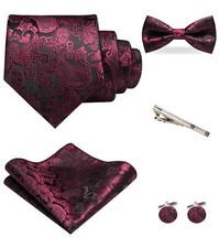 Men's Paisley Tie Pre-Tied Bow Tie Pocket Square Cufflinks Clip Set