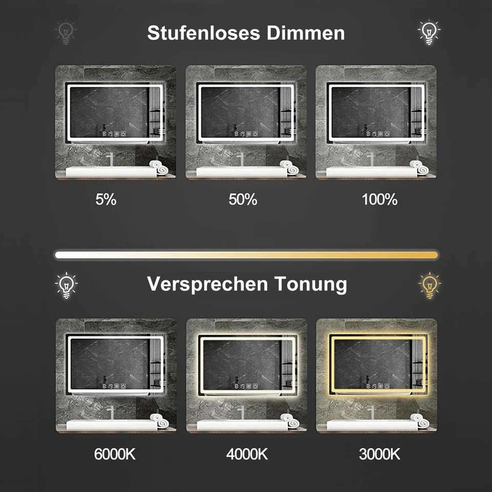 60/80cm LED Badspiegel mit Uhr Touch Beschlagfrei Beleuchtung Bad Wandspiegel - Bild 4 von 4