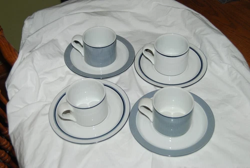 4 Dansk Bistro cups mugs & saucers - Blue Christianshavn & Ringsted Striped