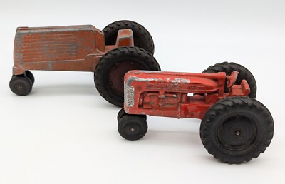 2 Vintage Toy Tractors Red Metal Kiddie Hubley Jr Lansing Aluminum Slik Toys