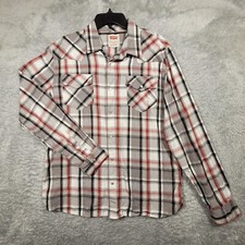 Levis Mens Large Shirt Red Black Plaid Cotton Western Pearl Snap Long Sleeve