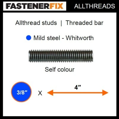 FASTENERFIX 3/8" Whitworth x 4" long allthread mild steel studs, threaded bar s/c (50 pack)