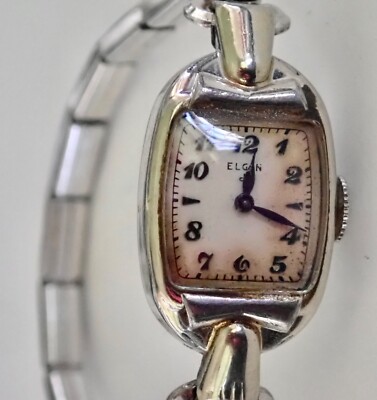 Elgin Ladies Vintage White Face Wrist Watch Silver Tone Stretch Band 1930's