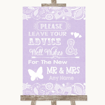 Lilac Burlap & Lace Guestbook Advice & Wishes Mr & Mrs Personalised Wedding Sign