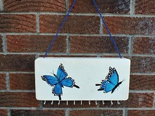 Handmade wood hand painted jewelry key dog leash holder with hooks butterflies