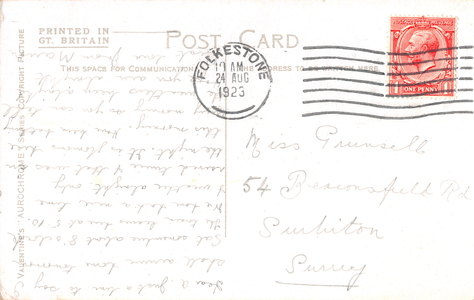 R333728 Folkestone. Castle Hill Avenue. Valentine. Aurochrome Series